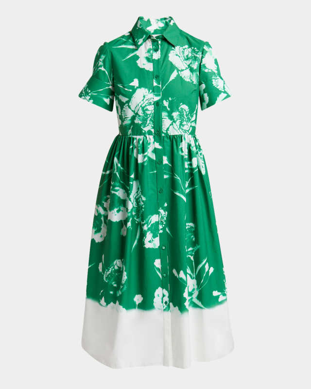 Carnation-Print Cotton Poplin Short-Sleeve Midi Shirtdress